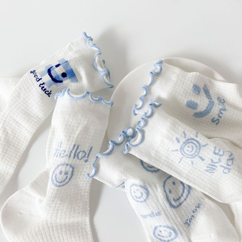 Vớ Cotton Phối Lưới Mỏng Thoáng Khí In Họa Tiết Mặt Cười Dễ Thương Phong Cách Nhật Bản Thời Trang Cho Nữ