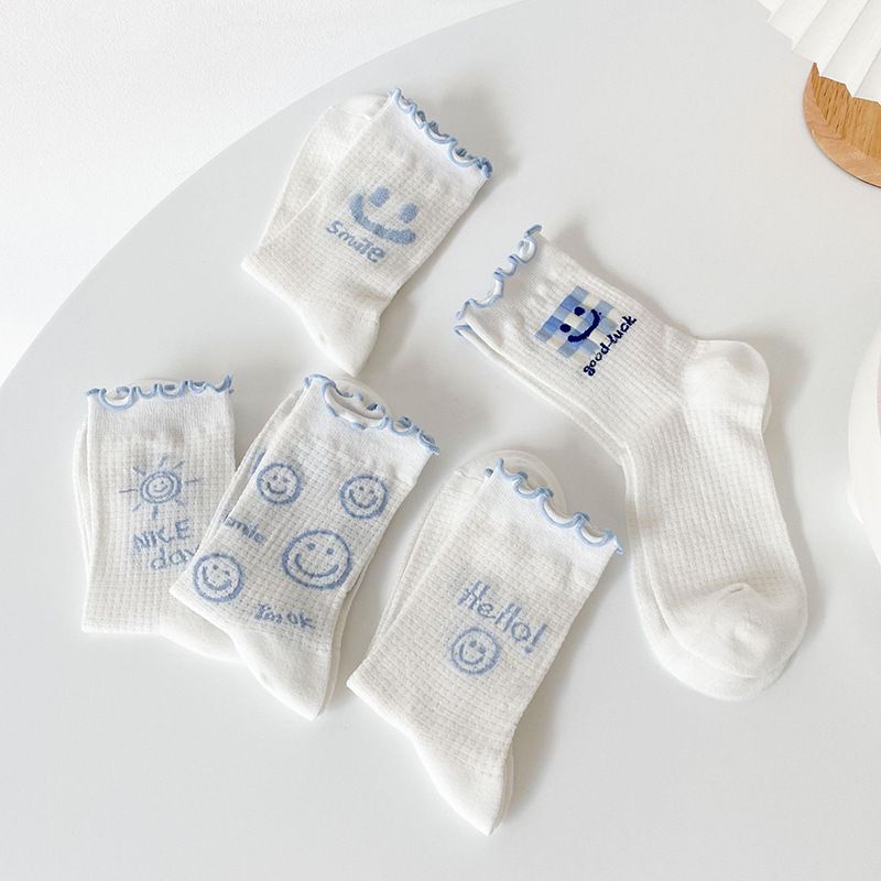 Vớ Cotton Phối Lưới Mỏng Thoáng Khí In Họa Tiết Mặt Cười Dễ Thương Phong Cách Nhật Bản Thời Trang Cho Nữ