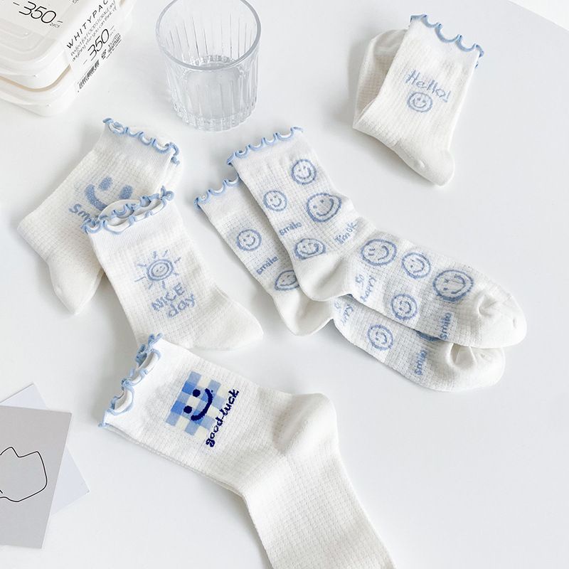 Vớ Cotton Phối Lưới Mỏng Thoáng Khí In Họa Tiết Mặt Cười Dễ Thương Phong Cách Nhật Bản Thời Trang Cho Nữ