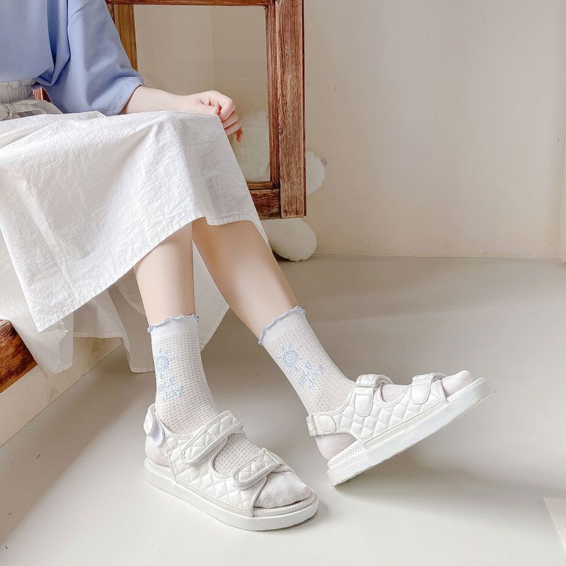 Vớ Cotton Phối Lưới Mỏng Thoáng Khí In Họa Tiết Mặt Cười Dễ Thương Phong Cách Nhật Bản Thời Trang Cho Nữ