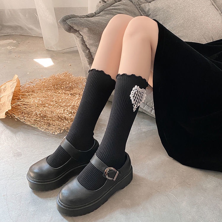 Jiashucheng Vớ Ống Lửng Phối Ren Mềm Mại Họa Tiết Caro Trái Tim Phối Ren Thời Trang Thu Đông Dành Cho Nữ Sinh