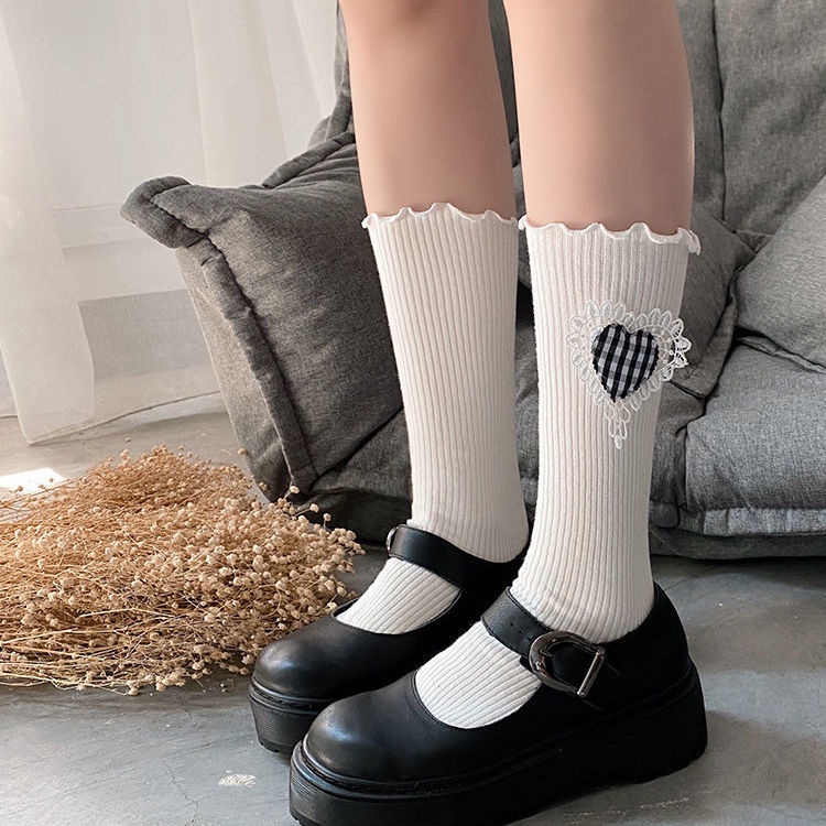 Jiashucheng Vớ Ống Lửng Phối Ren Mềm Mại Họa Tiết Caro Trái Tim Phối Ren Thời Trang Thu Đông Dành Cho Nữ Sinh