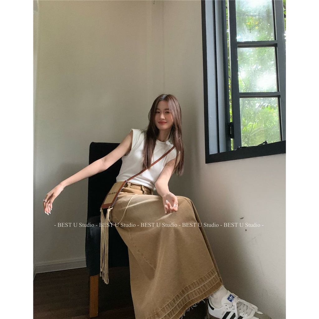 Chân váy jean Lưng Cao Dáng Dài Phong Cách Hàn Quốc