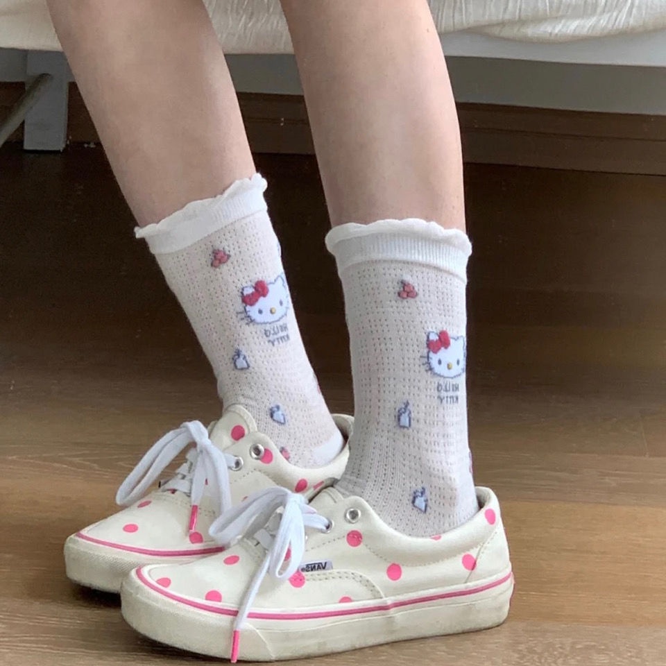 Jiashucheng Vớ Ống Dài Phối Lưới Mỏng Thoáng Khí Họa Tiết Hoạt Hình Dễ Thương Thời Trang Mùa Hè Cho Nữ