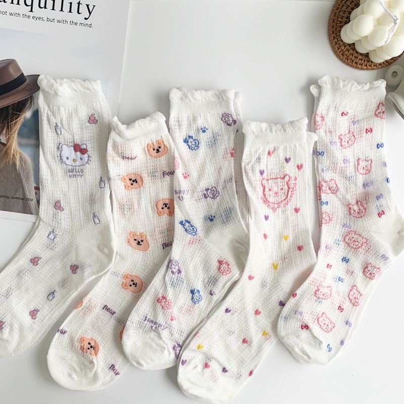 Jiashucheng Vớ Ống Dài Phối Lưới Mỏng Thoáng Khí Họa Tiết Hoạt Hình Dễ Thương Thời Trang Mùa Hè Cho Nữ