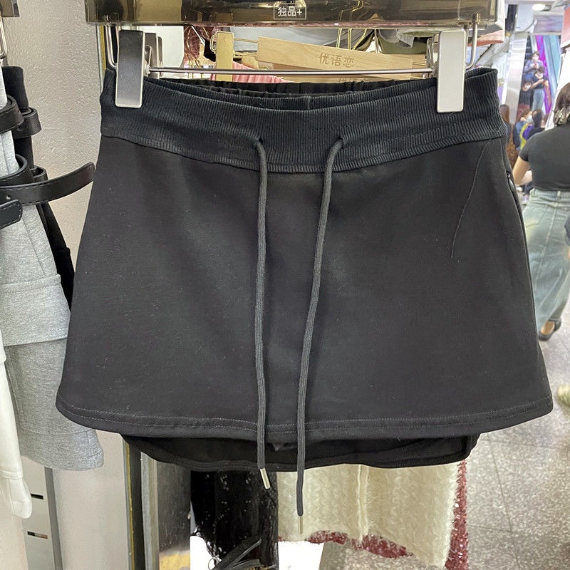 Jiashucheng Đầm Ngắn Dáng Chữ a Lưng Cao Phối Dây Rút Màu Đen Thời Trang Mùa Hè Cho Nữ