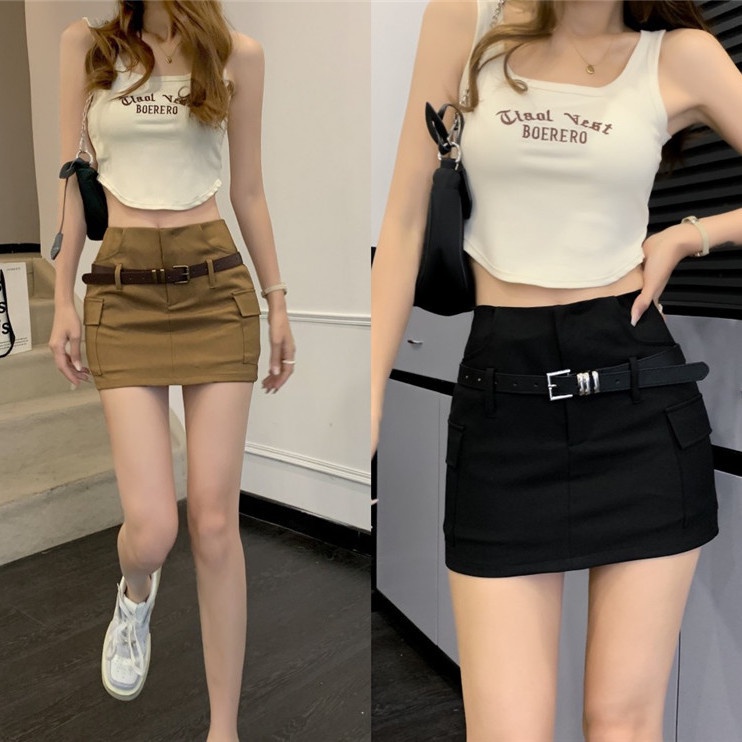 Jiashucheng Váy Yếm Chữ a Lưng Cao Màu Cà Phê Thời Trang Mùa Hè Kiểu Mới Cho Nữ