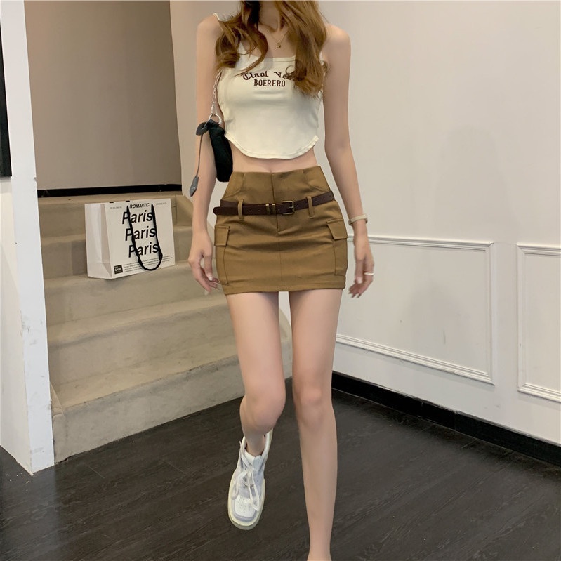 Jiashucheng Váy Yếm Chữ a Lưng Cao Màu Cà Phê Thời Trang Mùa Hè Kiểu Mới Cho Nữ