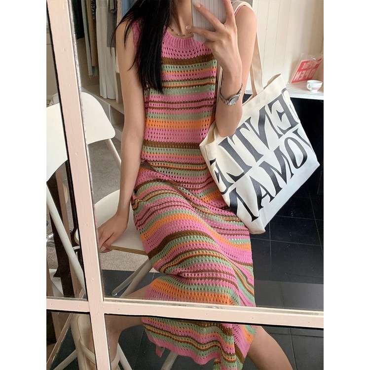 Jiashucheng Đầm Dệt Kim Dáng Lửng Xẻ Tà Họa Tiết Kẻ Sọc Cầu Vồng Màu Sắc Tương Phản Thời Trang Đi Nghỉ