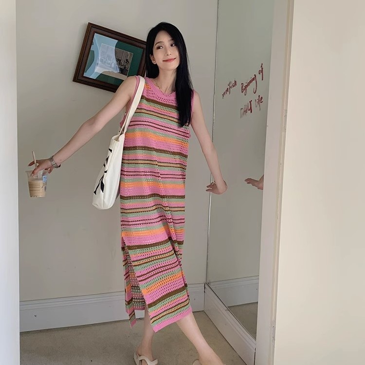 Jiashucheng Đầm Dệt Kim Dáng Lửng Xẻ Tà Họa Tiết Kẻ Sọc Cầu Vồng Màu Sắc Tương Phản Thời Trang Đi Nghỉ