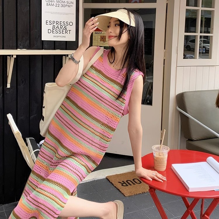 Jiashucheng Đầm Dệt Kim Dáng Lửng Xẻ Tà Họa Tiết Kẻ Sọc Cầu Vồng Màu Sắc Tương Phản Thời Trang Đi Nghỉ