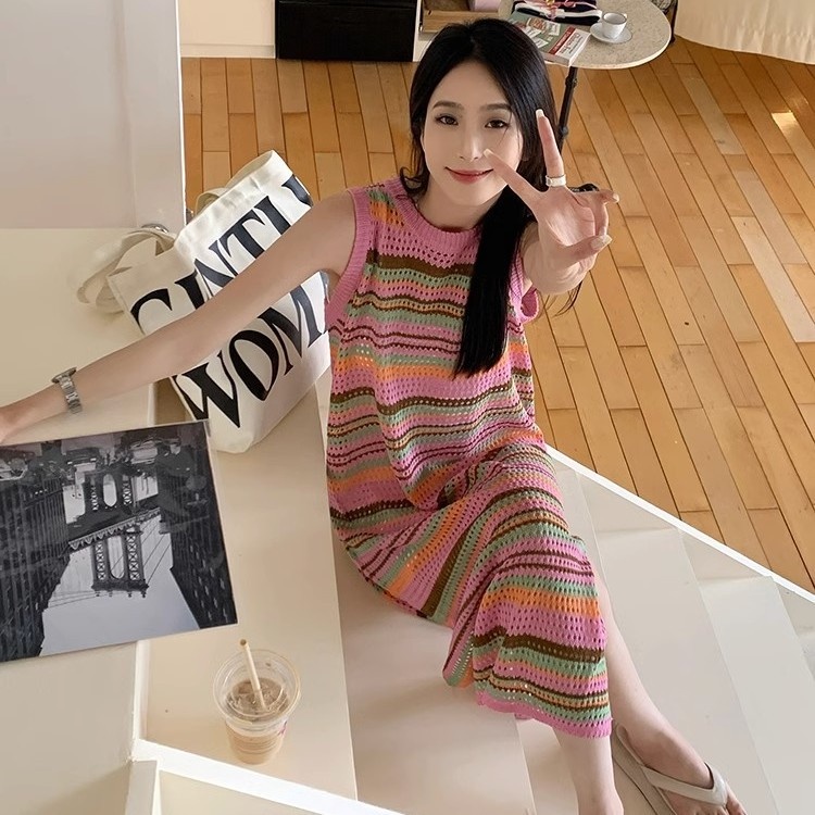 Jiashucheng Đầm Dệt Kim Dáng Lửng Xẻ Tà Họa Tiết Kẻ Sọc Cầu Vồng Màu Sắc Tương Phản Thời Trang Đi Nghỉ