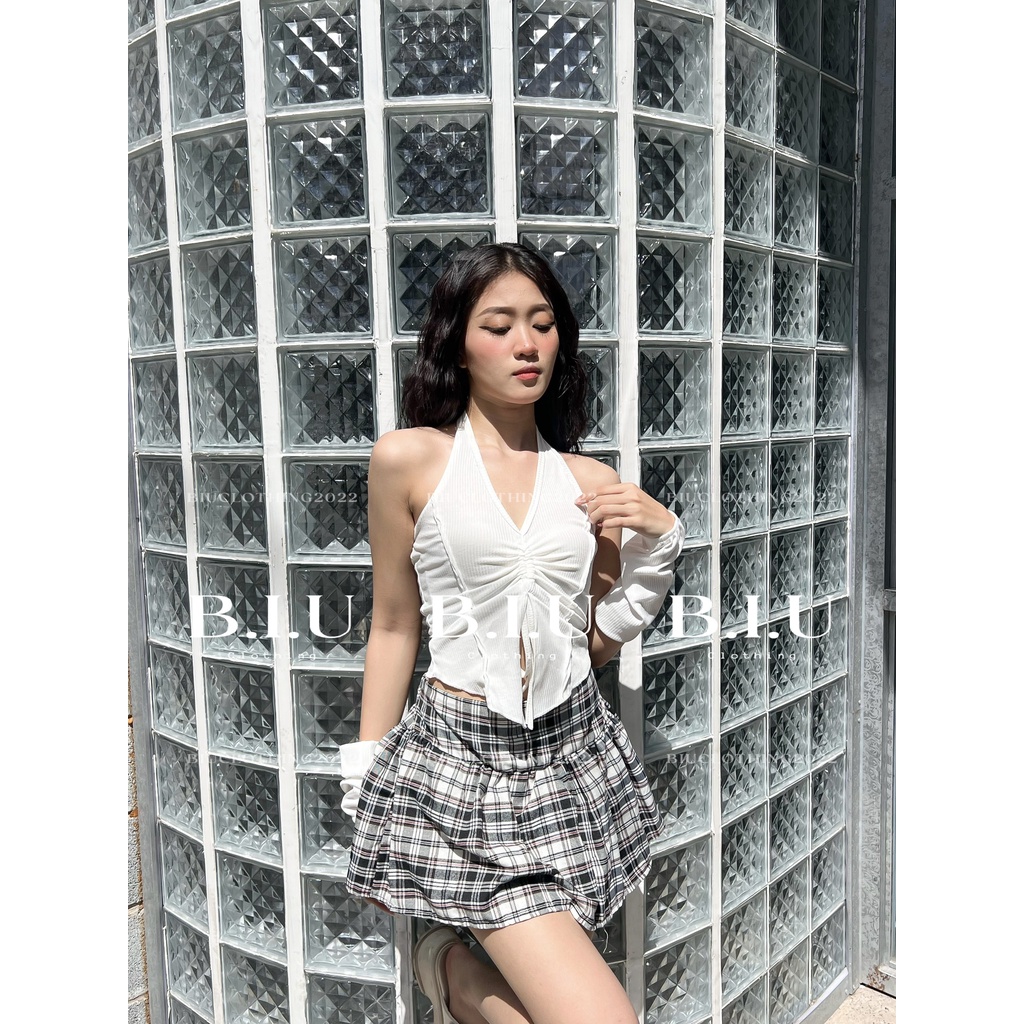 Set áo cổ yếm dây rút tay rời phối chân váy caro xếp li Nomi Set BIU Clothing BB0101