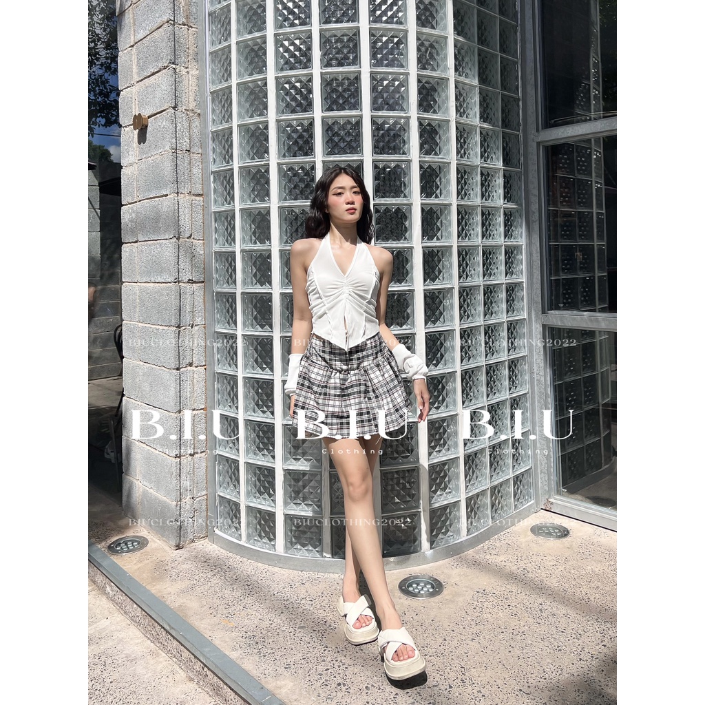 Set áo cổ yếm dây rút tay rời phối chân váy caro xếp li Nomi Set BIU Clothing BB0101