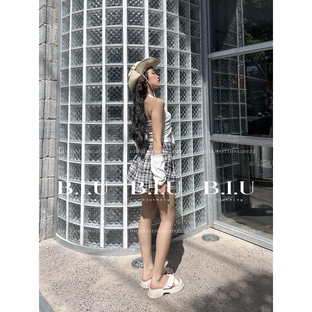 Set áo cổ yếm dây rút tay rời phối chân váy caro xếp li Nomi Set BIU Clothing BB0101
