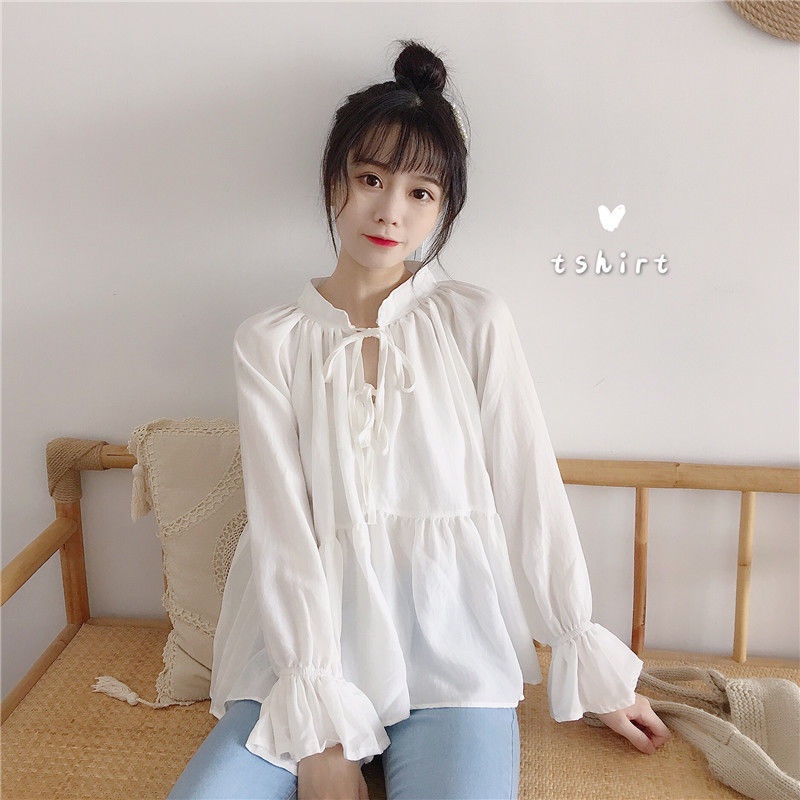 Jiashucheng Áo Sơ Mi Trắng Tay Dài Cổ Búp Bê Phong Cách Hàn Quốc Thời Trang Mùa Xuân Mới Cho Nữ