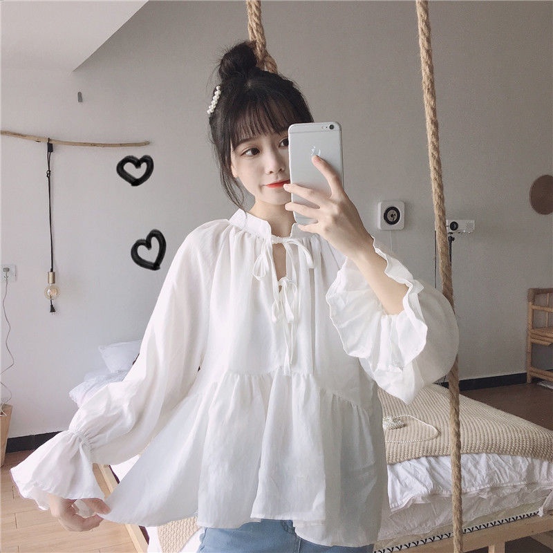 Jiashucheng Áo Sơ Mi Trắng Tay Dài Cổ Búp Bê Phong Cách Hàn Quốc Thời Trang Mùa Xuân Mới Cho Nữ