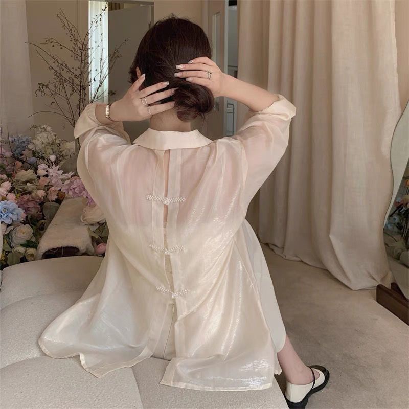 Jiashucheng Áo Sơ Mi Tay Dài Chống Nắng Hở Lưng Phong Cách Cổ Điển Thời Trang Mùa Hè Cho Nữ