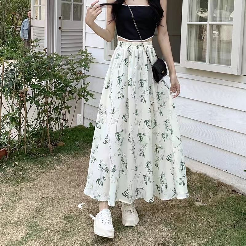 Jiashucheng Chân Váy Chữ a Lưng Thun Cao Vừa Vặn Họa Tiết Hoa Graffiti Mùa Hè 2023 Phong Cách Mới Cho Nữ