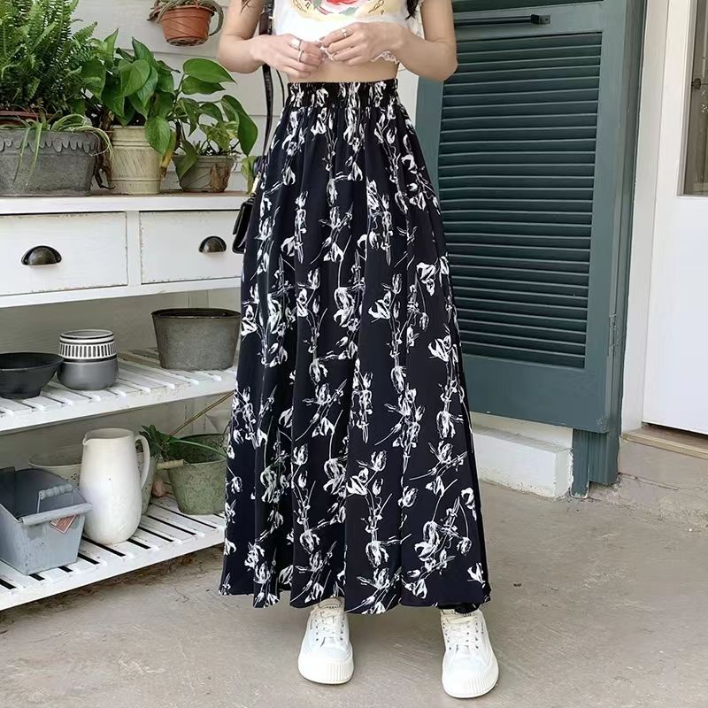Jiashucheng Chân Váy Chữ a Lưng Thun Cao Vừa Vặn Họa Tiết Hoa Graffiti Mùa Hè 2023 Phong Cách Mới Cho Nữ