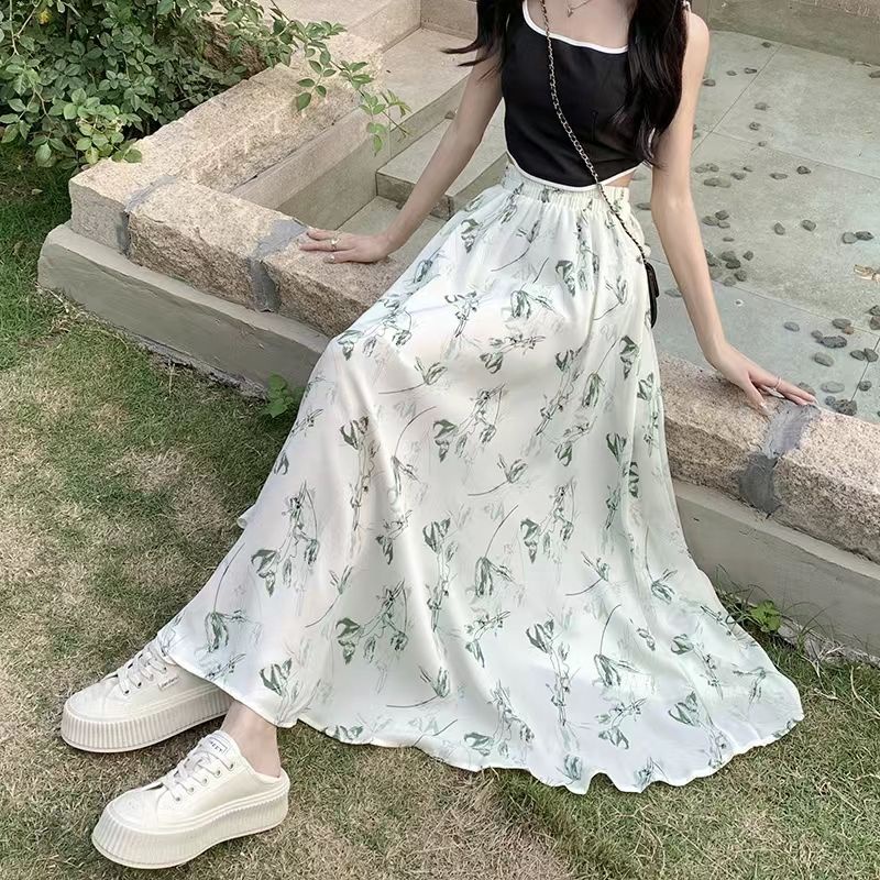 Jiashucheng Chân Váy Chữ a Lưng Thun Cao Vừa Vặn Họa Tiết Hoa Graffiti Mùa Hè 2023 Phong Cách Mới Cho Nữ