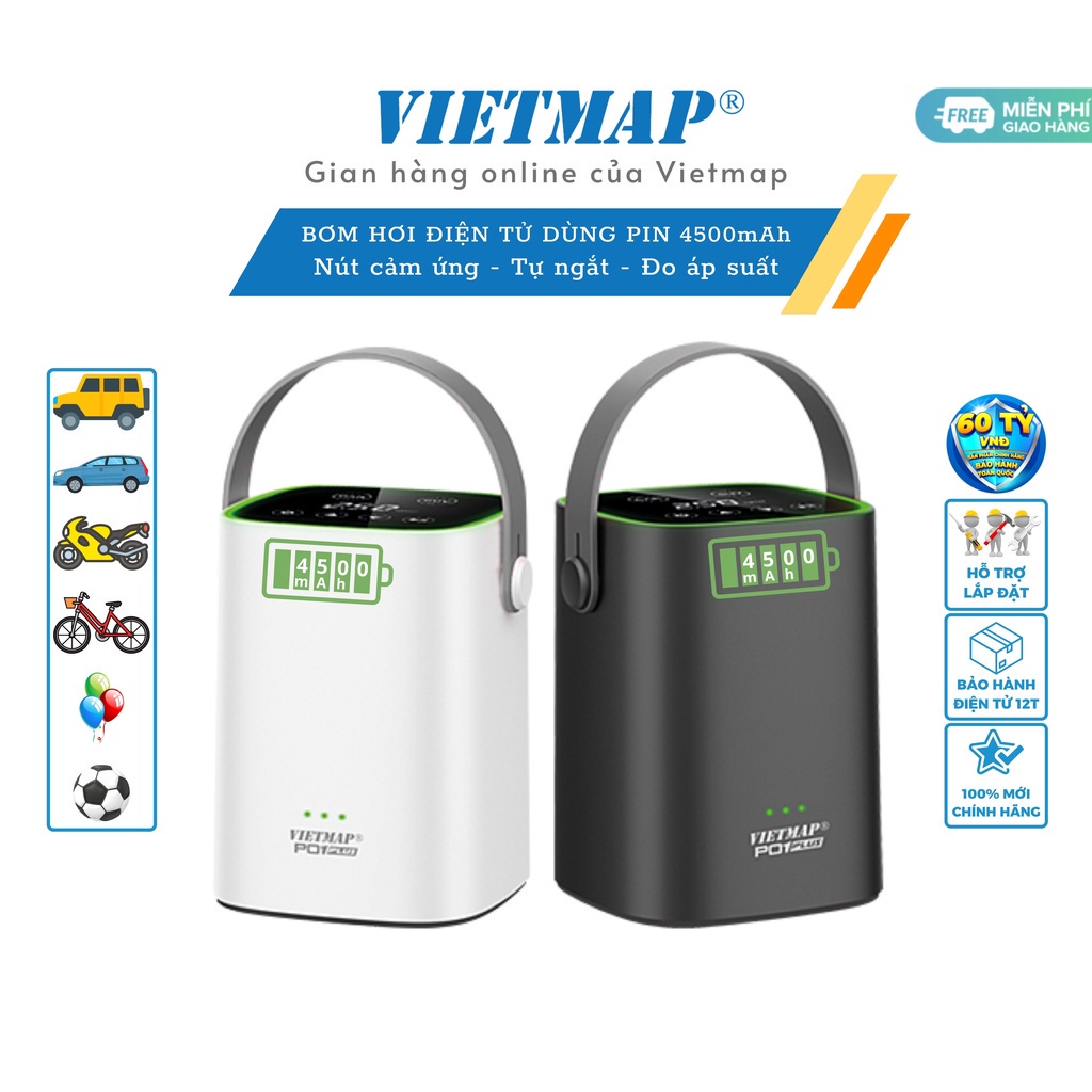 Bơm lốp Vietmap P01 Plus - Nút cảm ứng Tích hợp pin 4500mAh - Hàng chính hãng