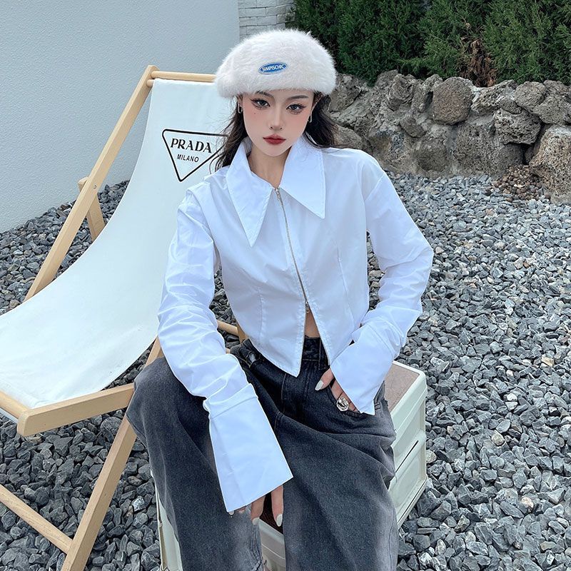Jiashucheng Áo Sơ Mi Trắng Ngắn Tay Dài Có Khóa Kéo Đôi Thời Trang Thu Đông Thiết Kế Độc Đáo Dễ Phối Đồ Cho