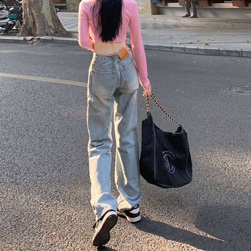 Jiashucheng Quần Jean Ống Rộng Lưng Cao Phong Cách Mới 2023 Dành Cho Nữ