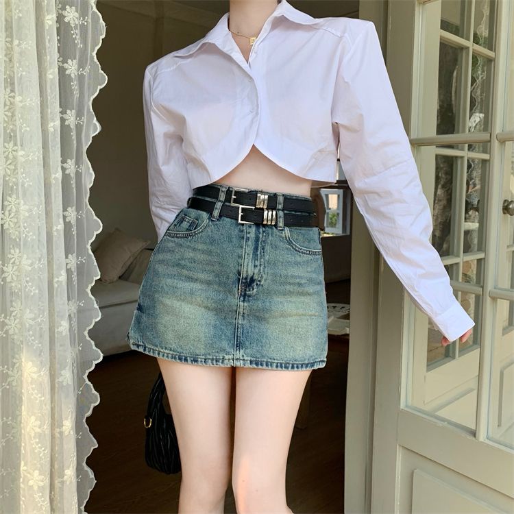 Jiashucheng Áo Sơ Mi Ngắn Hở Rốn Eo Cao Lệch Tà Một Hàng Nút Phong Cách Mới Mùa Xuân Cho Nữ