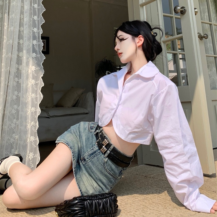 Jiashucheng Áo Sơ Mi Ngắn Hở Rốn Eo Cao Lệch Tà Một Hàng Nút Phong Cách Mới Mùa Xuân Cho Nữ