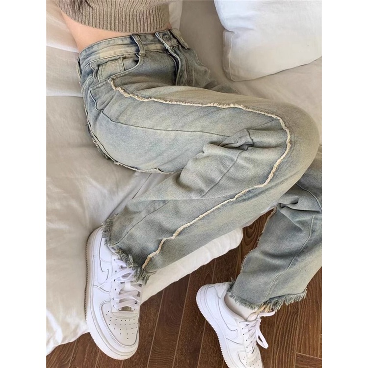 Jiashucheng Quần Jean Ống Rộng Dáng Suông Màu Vàng Bùn Phong Cách Đường Phố Mỹ Thời Trang Xuân Hè Mới Cho Nữ