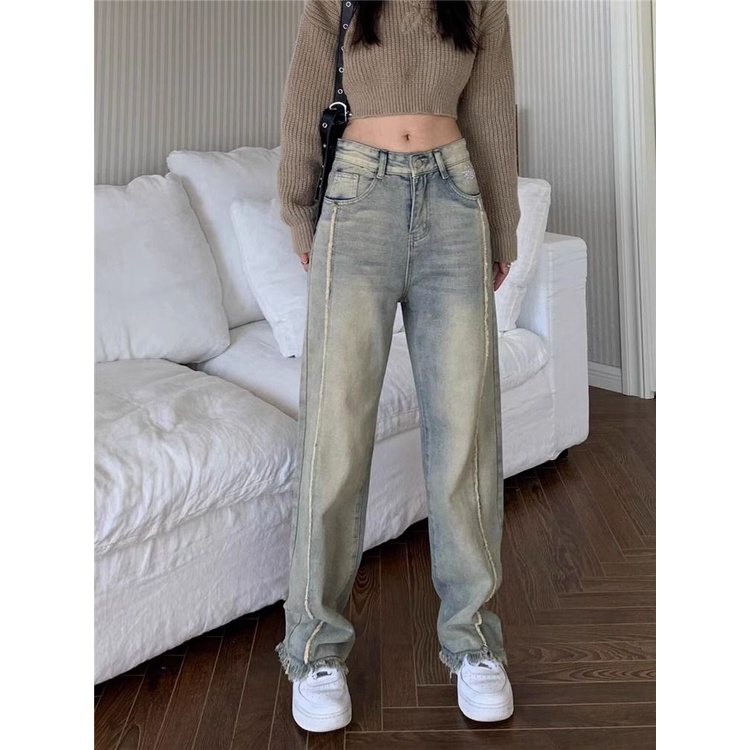 Jiashucheng Quần Jean Ống Rộng Dáng Suông Màu Vàng Bùn Phong Cách Đường Phố Mỹ Thời Trang Xuân Hè Mới Cho Nữ