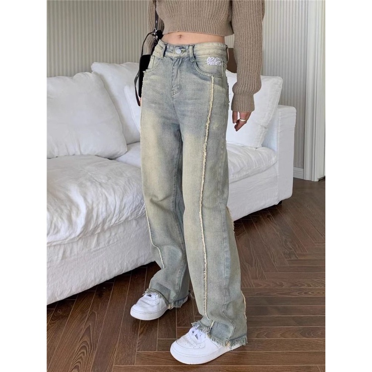 Jiashucheng Quần Jean Ống Rộng Dáng Suông Màu Vàng Bùn Phong Cách Đường Phố Mỹ Thời Trang Xuân Hè Mới Cho Nữ