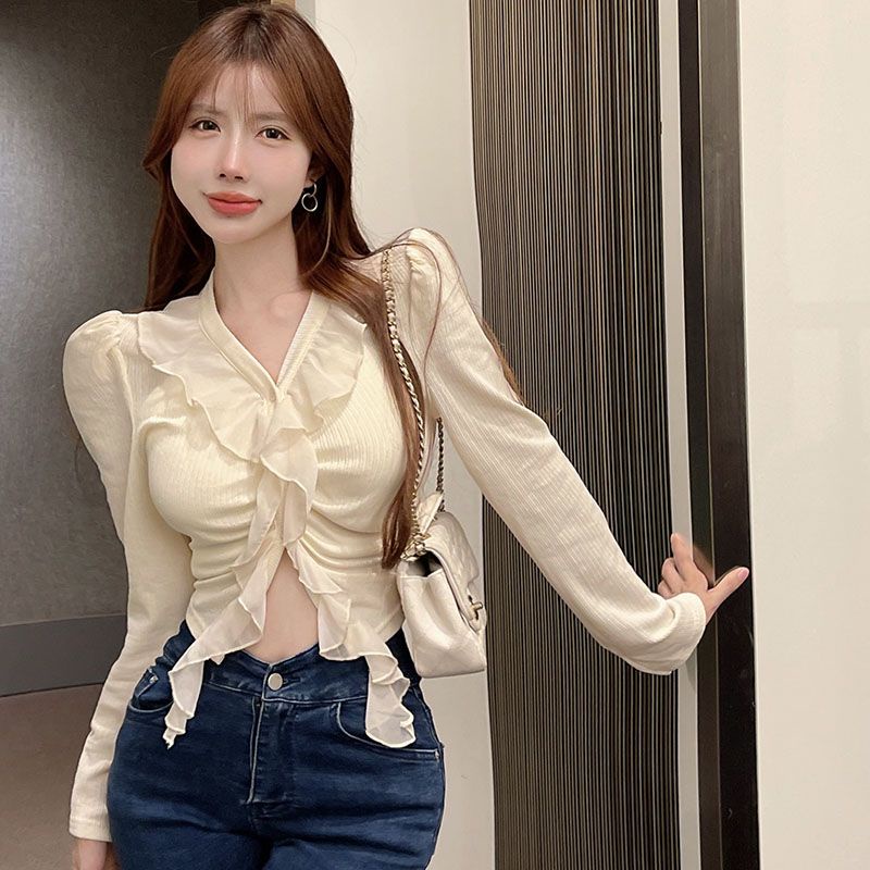 Jiashucheng Áo Thun Ngắn Ôm Dáng Tay Dài Nhún Bèo Phong Cách Ngọt Ngào Phong Cách Mới Mùa Thu Thanh Lịch Cho Nữ