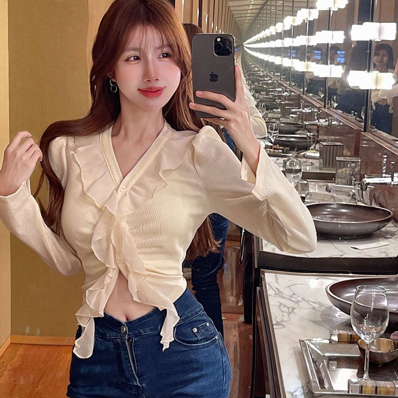 Jiashucheng Áo Thun Ngắn Ôm Dáng Tay Dài Nhún Bèo Phong Cách Ngọt Ngào Phong Cách Mới Mùa Thu Thanh Lịch Cho Nữ