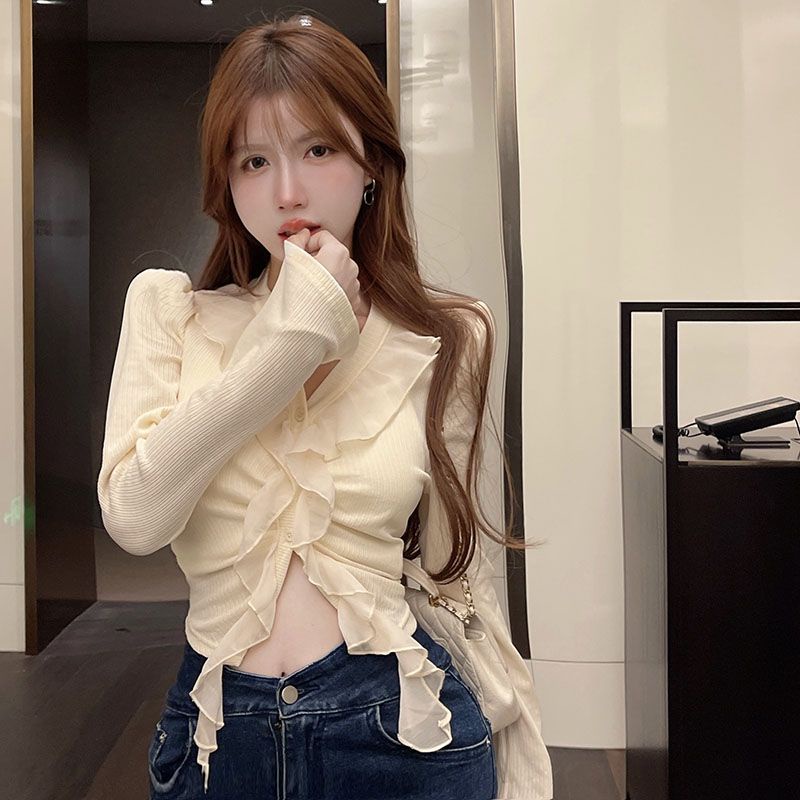 Jiashucheng Áo Thun Ngắn Ôm Dáng Tay Dài Nhún Bèo Phong Cách Ngọt Ngào Phong Cách Mới Mùa Thu Thanh Lịch Cho Nữ