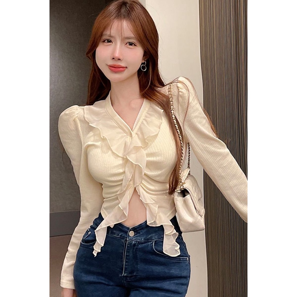 Jiashucheng Áo Thun Ngắn Ôm Dáng Tay Dài Nhún Bèo Phong Cách Ngọt Ngào Phong Cách Mới Mùa Thu Thanh Lịch Cho Nữ