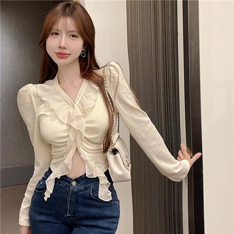 Jiashucheng Áo Thun Ngắn Ôm Dáng Tay Dài Nhún Bèo Phong Cách Ngọt Ngào Phong Cách Mới Mùa Thu Thanh Lịch Cho Nữ