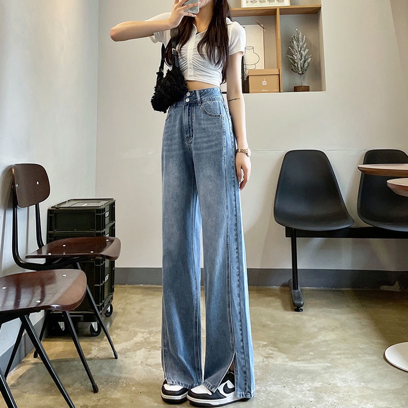 Jiashucheng Quần Jean Nữ Ống Rộng Lưng Cao Xẻ Tà Phong Cách Retro Thời Trang Xuân Hè
