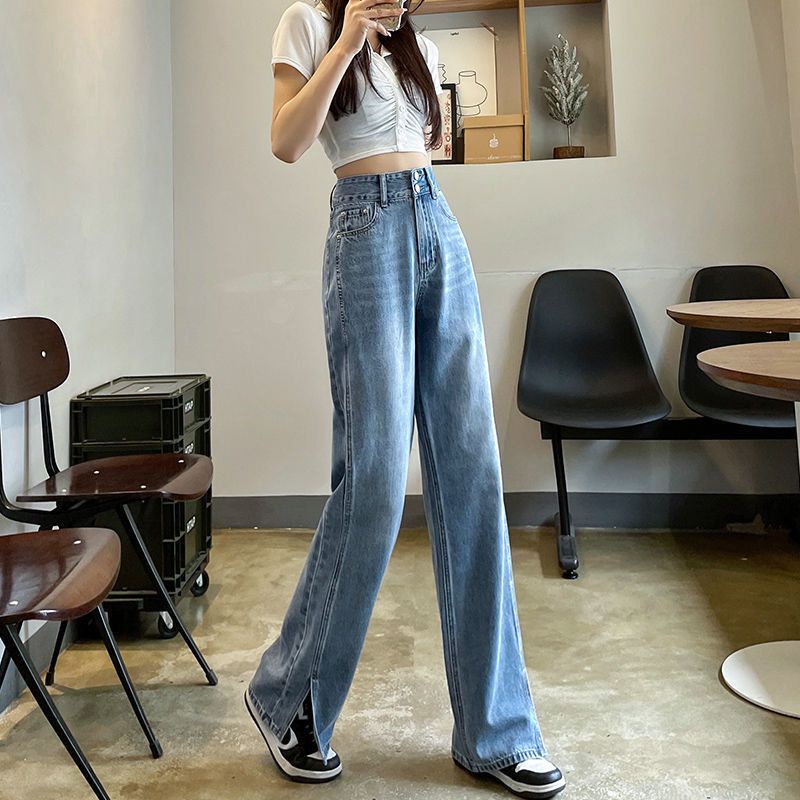 Jiashucheng Quần Jean Nữ Ống Rộng Lưng Cao Xẻ Tà Phong Cách Retro Thời Trang Xuân Hè