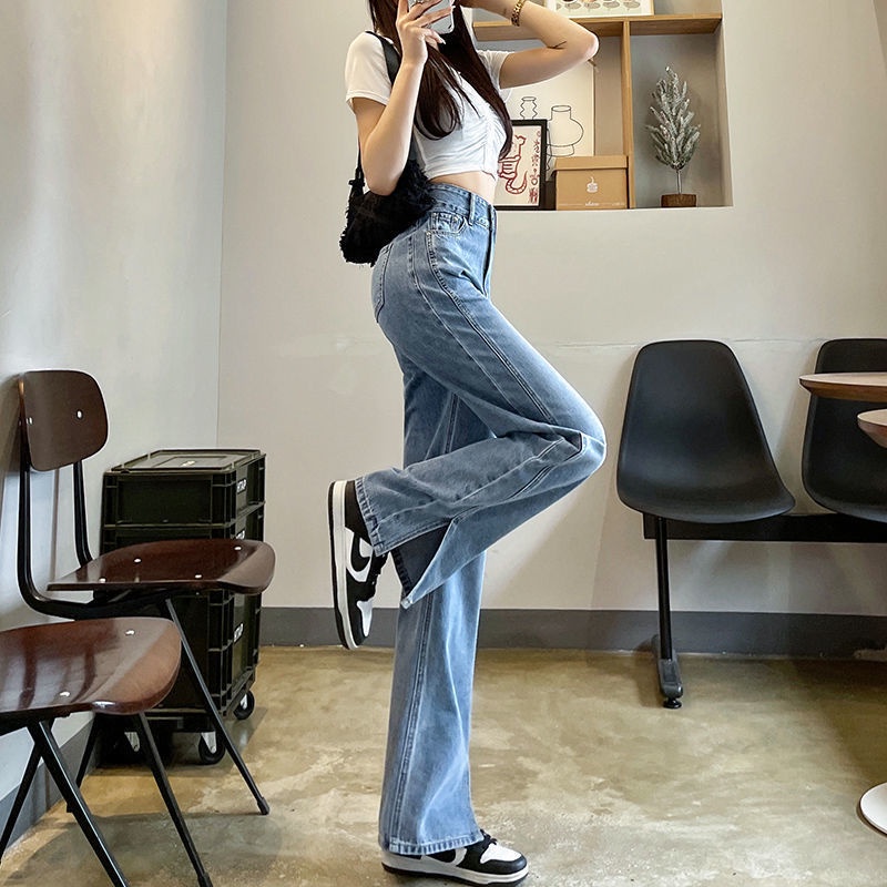 Jiashucheng Quần Jean Nữ Ống Rộng Lưng Cao Xẻ Tà Phong Cách Retro Thời Trang Xuân Hè