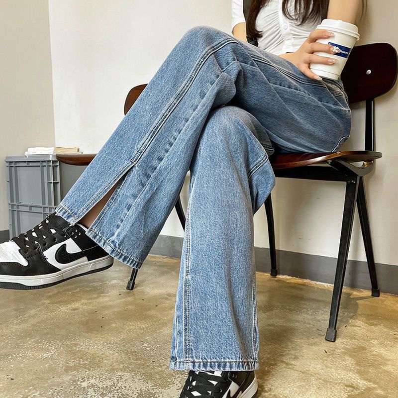 Jiashucheng Quần Jean Nữ Ống Rộng Lưng Cao Xẻ Tà Phong Cách Retro Thời Trang Xuân Hè