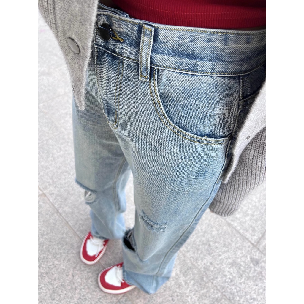 Jiashucheng Quần Jean Dài Lưng Cao Ống Rộng Phối Rách Thời Trang Xuân Hè 2023 Cho Nữ