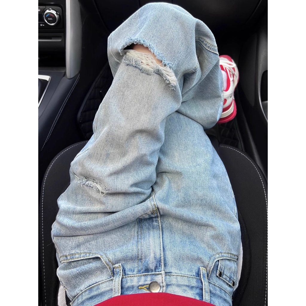 Jiashucheng Quần Jean Dài Lưng Cao Ống Rộng Phối Rách Thời Trang Xuân Hè 2023 Cho Nữ