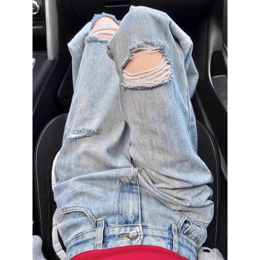 Jiashucheng Quần Jean Dài Lưng Cao Ống Rộng Phối Rách Thời Trang Xuân Hè 2023 Cho Nữ