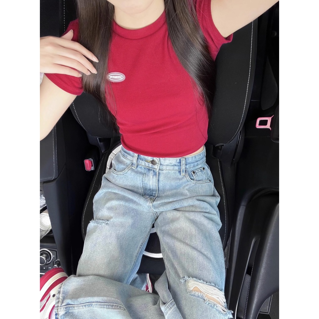 Jiashucheng Quần Jean Dài Lưng Cao Ống Rộng Phối Rách Thời Trang Xuân Hè 2023 Cho Nữ