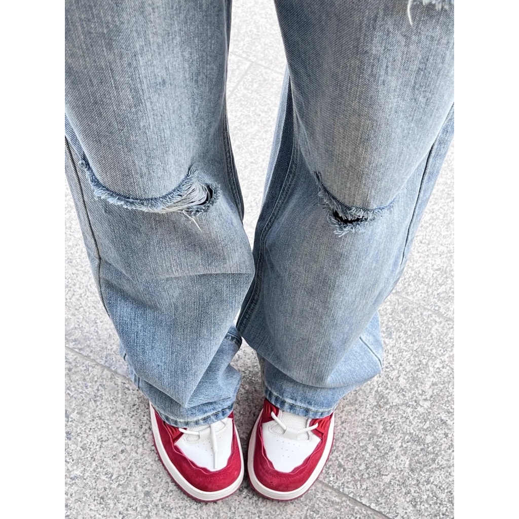 Jiashucheng Quần Jean Dài Lưng Cao Ống Rộng Phối Rách Thời Trang Xuân Hè 2023 Cho Nữ