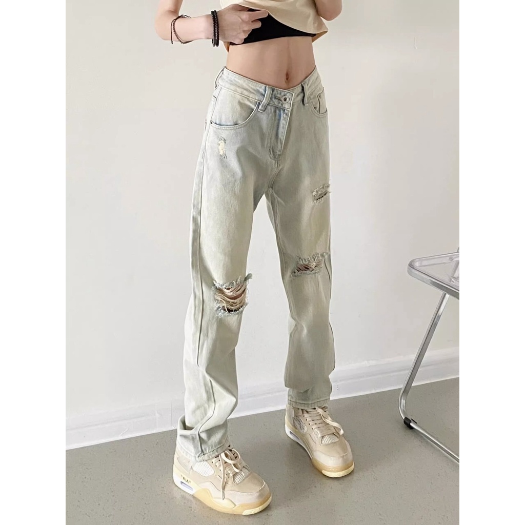 Jiashucheng Quần Jean Rách Dáng Suông Ôm Sát Màu Vàng Bùn Cao Cấp Phong Cách Đường Phố Mỹ Retro Đường Phố Cho Nữ Giới