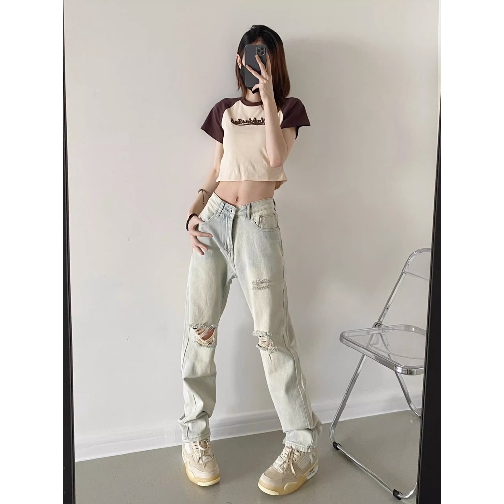 Jiashucheng Quần Jean Rách Dáng Suông Ôm Sát Màu Vàng Bùn Cao Cấp Phong Cách Đường Phố Mỹ Retro Đường Phố Cho Nữ Giới