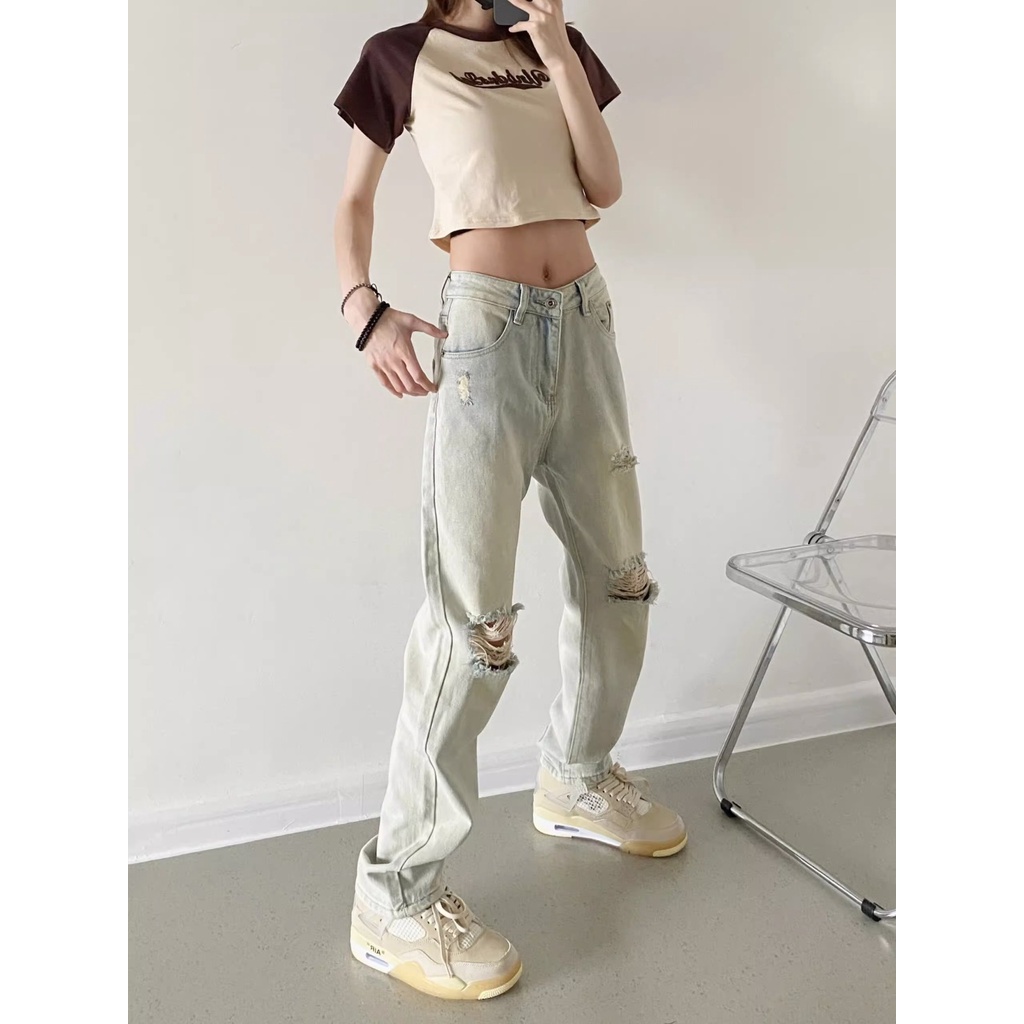 Jiashucheng Quần Jean Rách Dáng Suông Ôm Sát Màu Vàng Bùn Cao Cấp Phong Cách Đường Phố Mỹ Retro Đường Phố Cho Nữ Giới